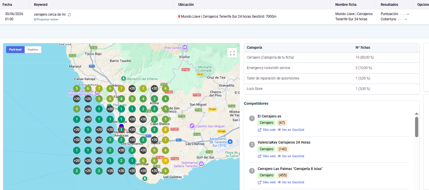 Mapa GeoGrid con posiciones para la búsqueda cerrajero cerca de mí