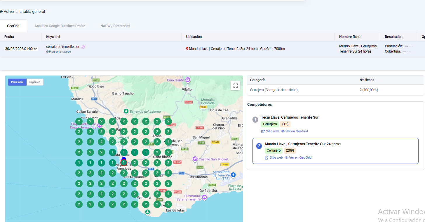Mapa GeoGrid con top 2 en Google Maps para cerrajeros tenerife sur