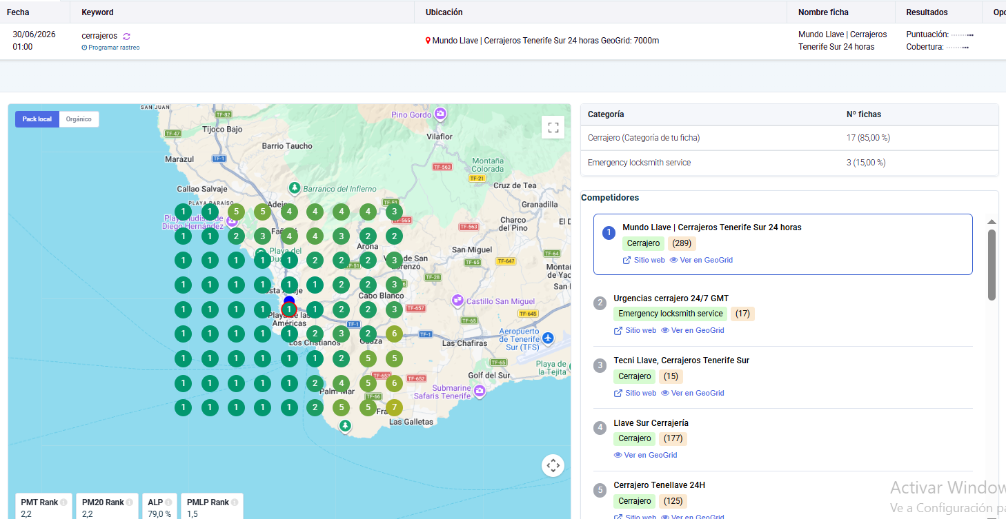 Mapa GeoGrid mostrando posición 1 en Google Maps para la búsqueda cerrajeros